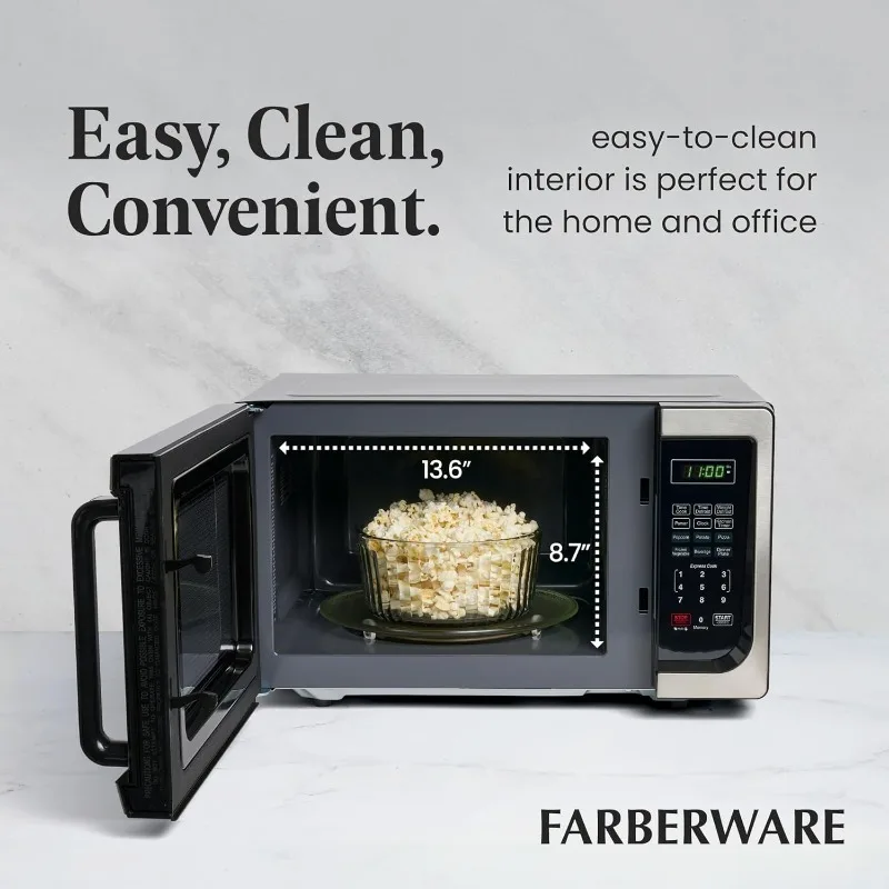 Classic Countertop Microwave 900W with LED Lighting, Child Lock, Easy Clean Interior, 0.9 Cubic Feet, Stainless Steel