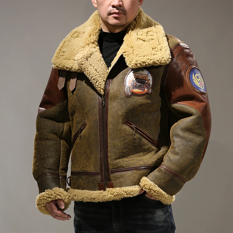 

2023 Shearling B3 Pilot Plus Size Fur Men Thickened Winter Patchwork Warm Genuine Leather Jackets