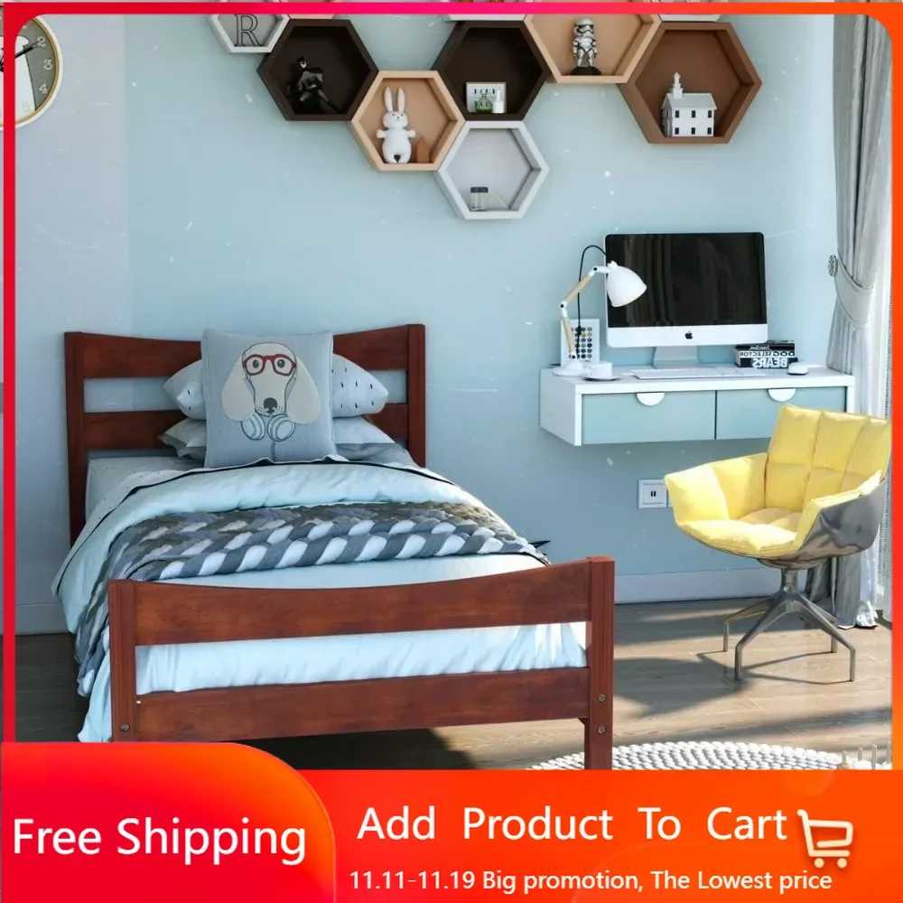 

Wood Bed Frame Twin Size, Rustic Style Platform Bed w/Headboard & Footboard, Solid Wood Slat Support, No Box Spring Needed