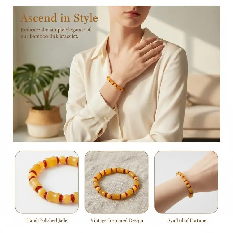 Natural Yellow Dragon Jade Bracelet Ethnic Style Yunnan Old Jade Bamboo Knot Hypoallergenic for Girls Party Wear Jewelry