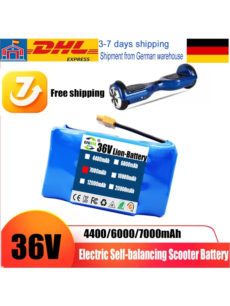 100 % Original 36-V-Akkupacks, 7 Ah, wiederaufladbarer Lithium-Ionen-Akku für elektrische selbstbalancierende Scooter, HoverBoard, Einrad