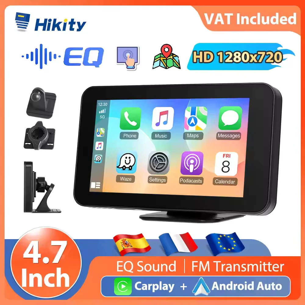 Hikity 4.7 pouces, lecteur multimédia portable pour voiture, compatible CarPlay, Android Auto, surveillance de la pression des pneus, navigation GPS pour voiture avec musique Bluetooth