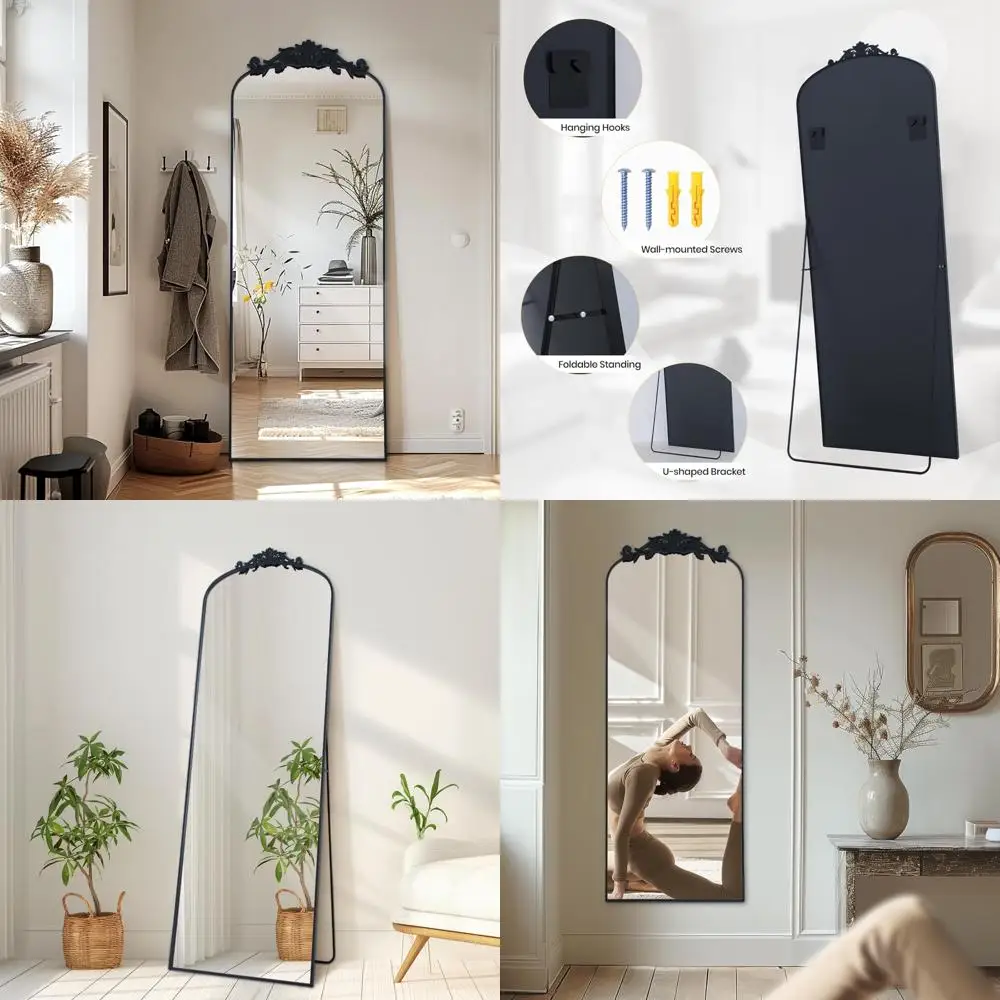 Vintage sierlijke gesneden vrijstaande vloerspiegel over de volledige lengte, 58x18 inch, aan de muur gemonteerd of hangend, elegante vintage stijl