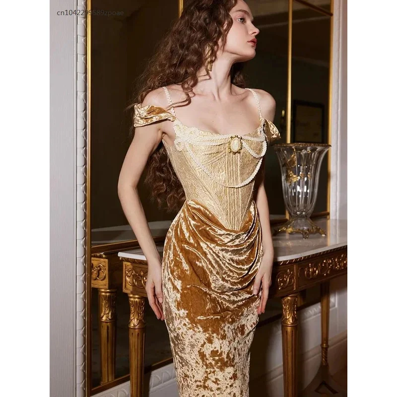 MN1 Spaghetti Strap Vintage Designer Runway Gold Party Sexy Women Dress Lady Chic Trendy European Elegant 20249*Jy