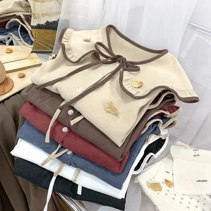 여성용 빈티지 부드러운 셔츠, 피터팬 칼라, 프랑스 스타일, 대학생 루즈한 문학 레이스업, 달콤한 가을 디자인, 인기 만능