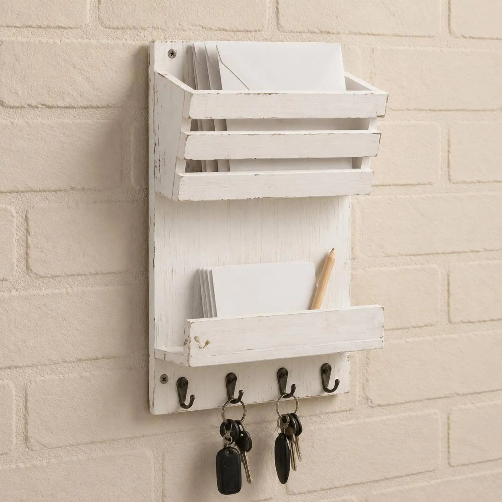 Wooden Wall Mail Holder Multi Functional Mail Holder with Hooks Wood Wall Shelf Decorative Entryway Organizer Easy to Install view 5