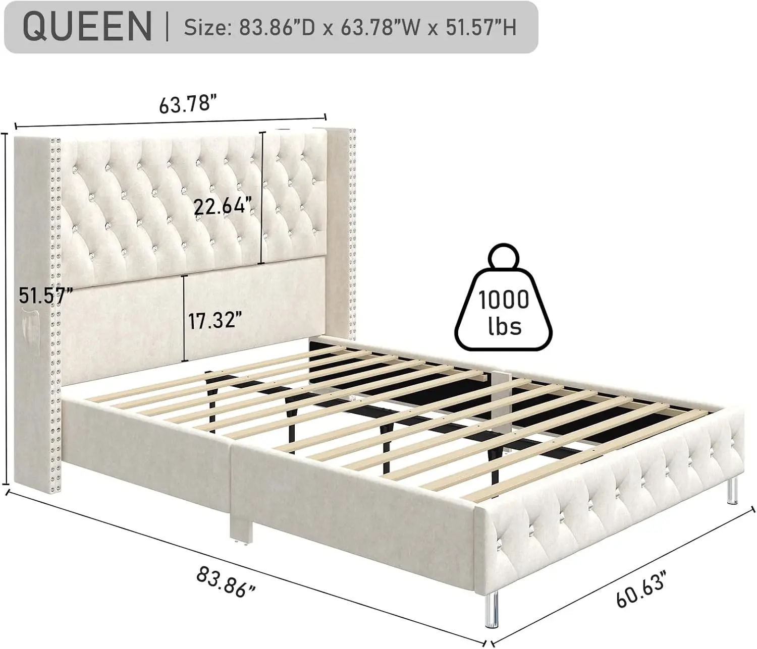 Queen LED estofados cama Frame, Wingback cabeceira, botão de veludo diamante, adornado, portas USB e tipo C, bolso