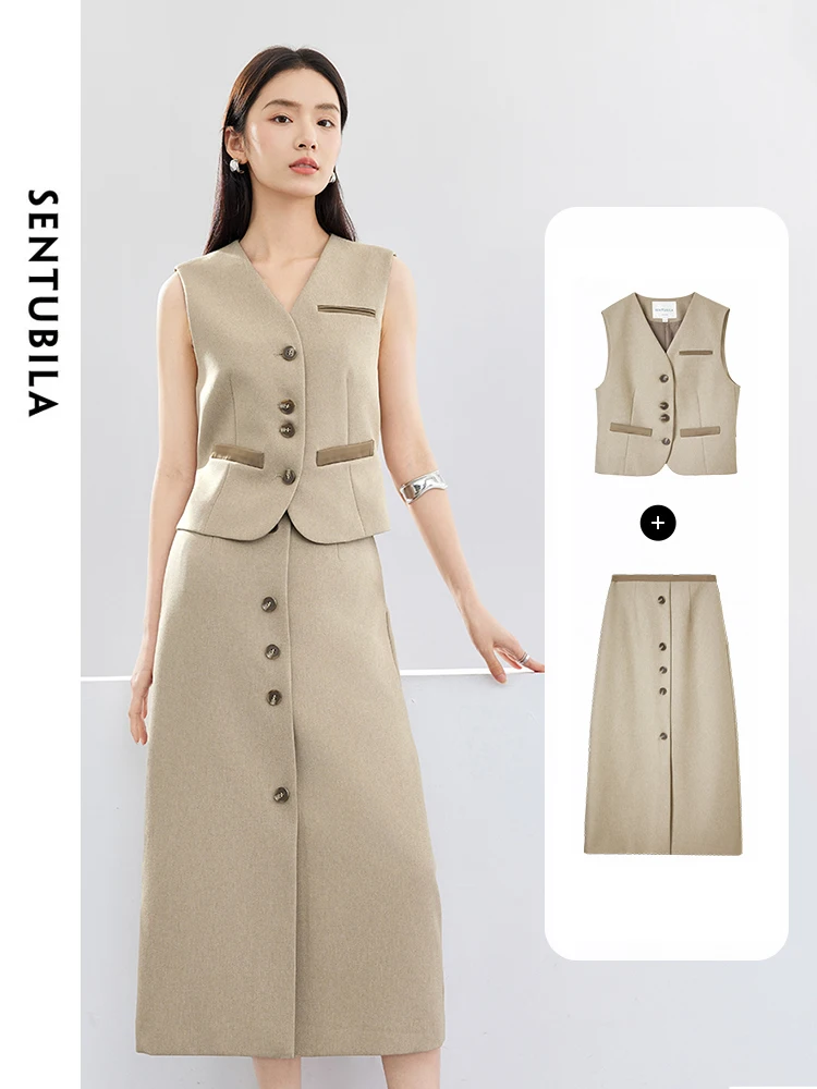 SENTUBILA Women's Skirt Suit 2024 Two Piece Elegant Commute Outfits Matching Sets Waistcoat Vest Jacket & Skirt Set 141Z52730