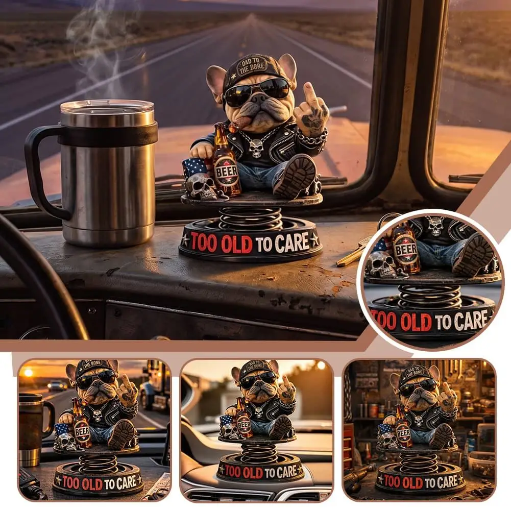 Head Shaking Biker Bulldog Ornament Car Dashboard Center Console Spring Bobble Model Resin Hand Painted Rebel Gift Decor