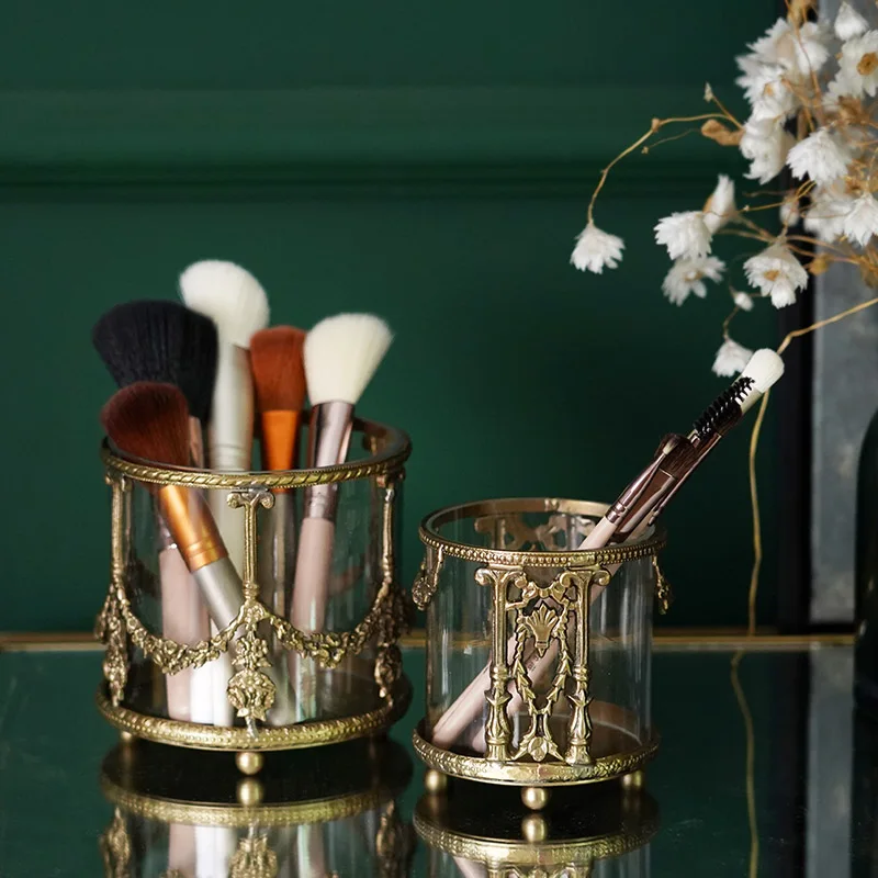 European retro carved brass glass storage bucket makeup brush pen holder desktop light luxury ornament import