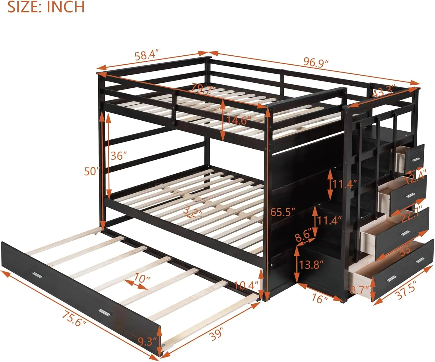 Solid Wood Full Over Full Bunk Bed with Storage Staircase and Twin Trundle, Safety Guards & 4 Drawers for Kids, Teens, Adults