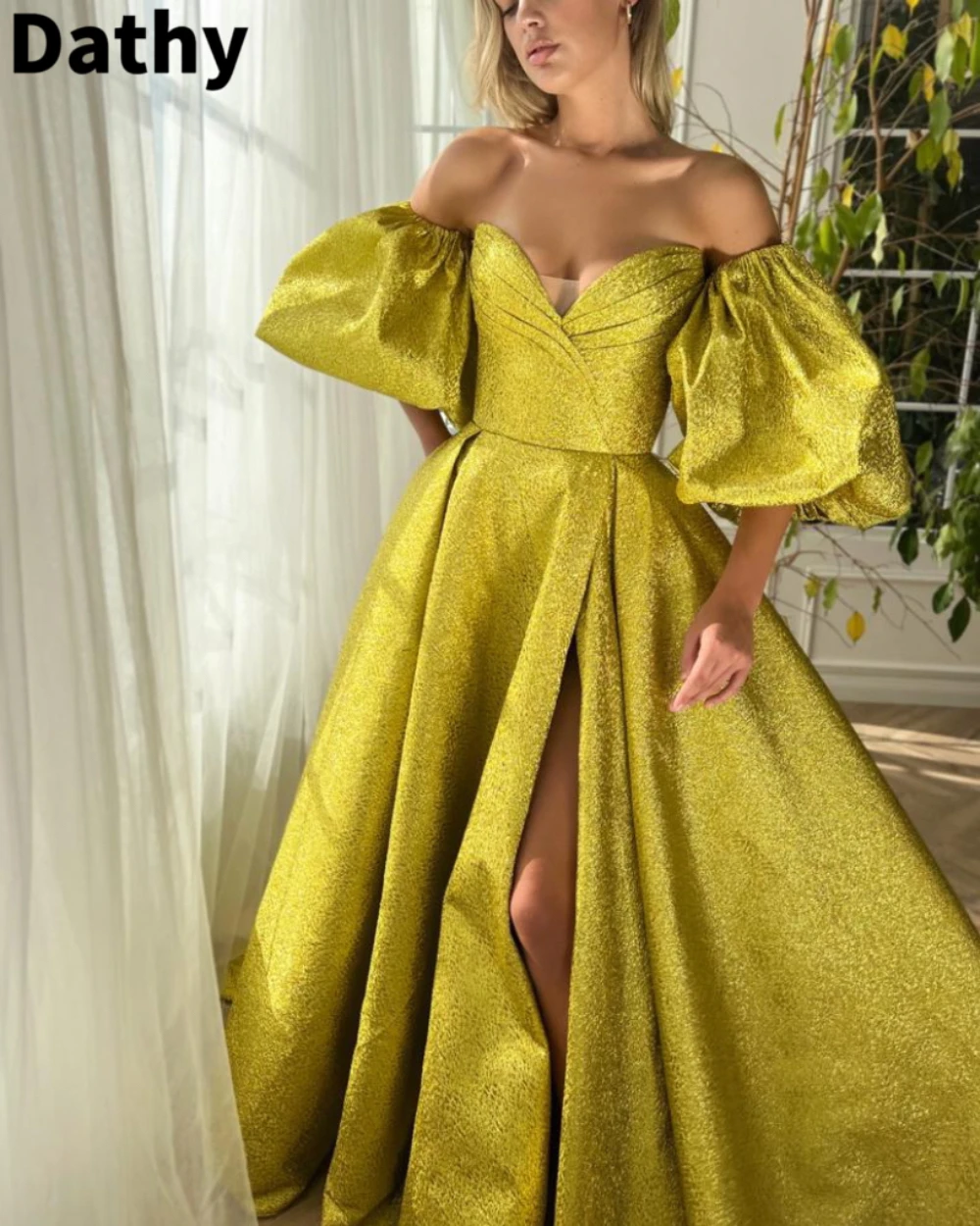 Dathy Gilded Twilight Gown Bubble Sleeve Silk Forged Women's Long Evening Dress Formal Occasion Dresses Vestidos De Fiesta