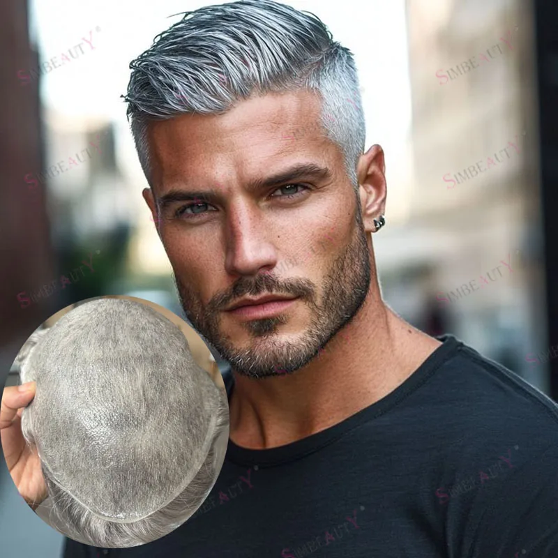

Мужской парик 1B65 1B80, серебристо-серый, 100% натуральные волосы, система замещения волос для мужчин постарше, естественная линия роста волос, незаметный, супертонкий, основа из кожи 0,02 мм