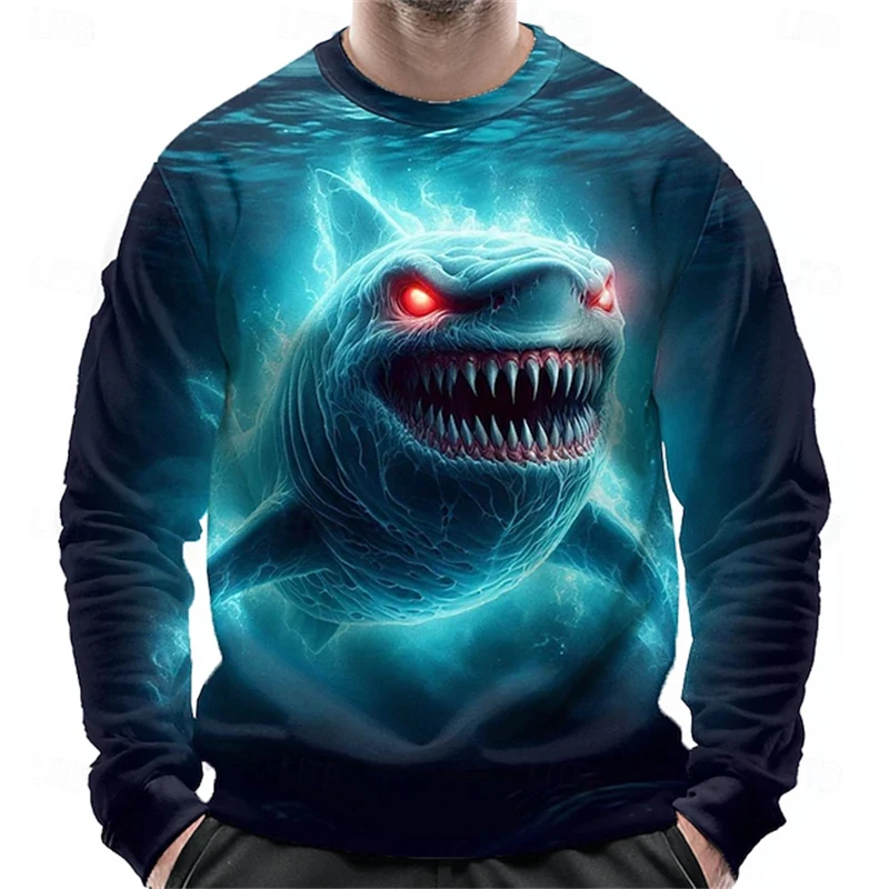 New Fall Men's Crew-Neck Sweatshirt With 3D Shark Print Long-Sleeve Men's Athletic Sweatshirt Loose Fit Long-Sleeve Pullover