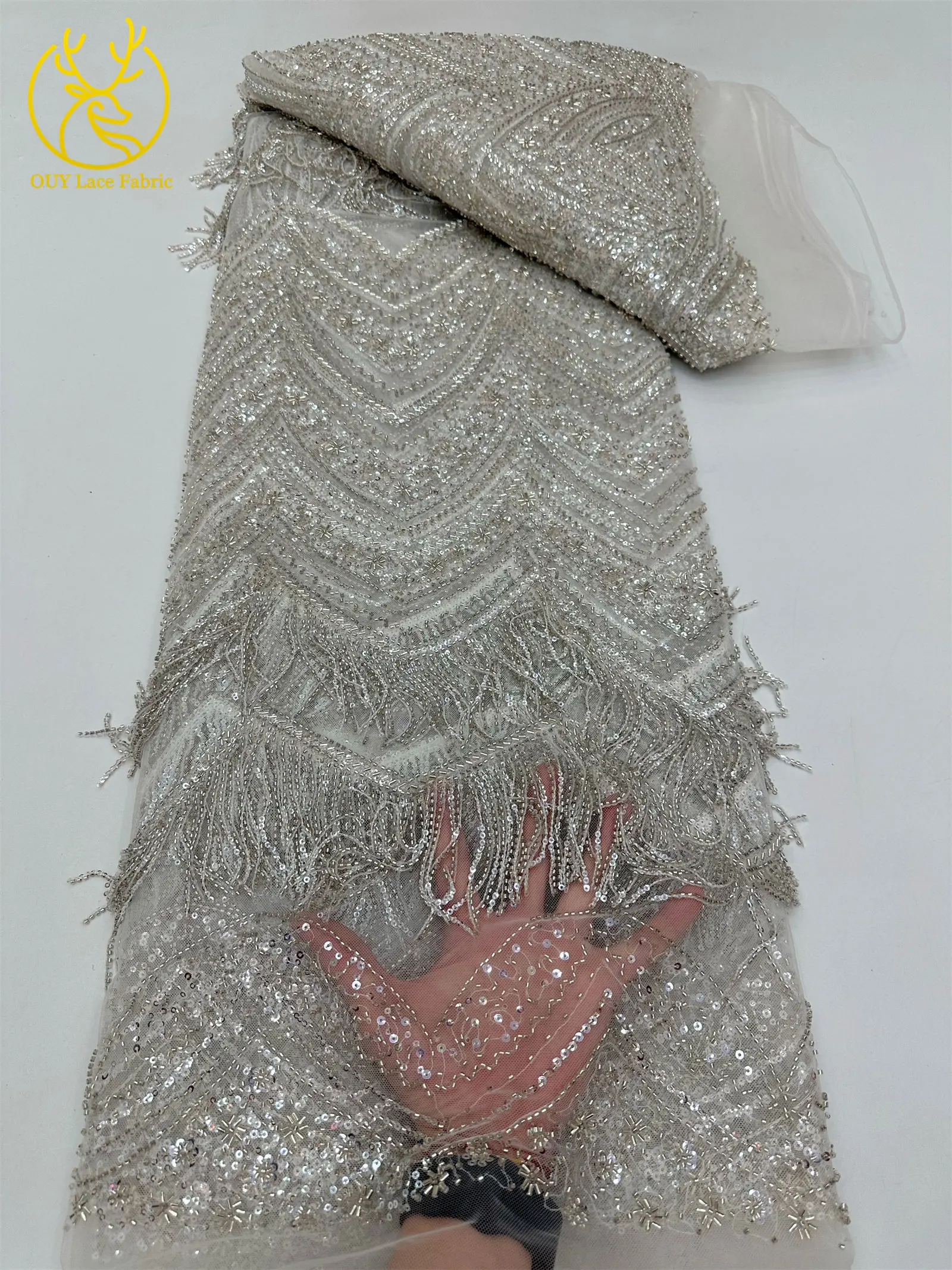 Hochwertiger 3D-Quasten-Perlen-Spitzenstoff, goldfarbener afrikanischer Perlen-Pailletten-Spitzenstoff, französische Tüllspitze für Hochzeitskleider, 5 Yards – Detail 14