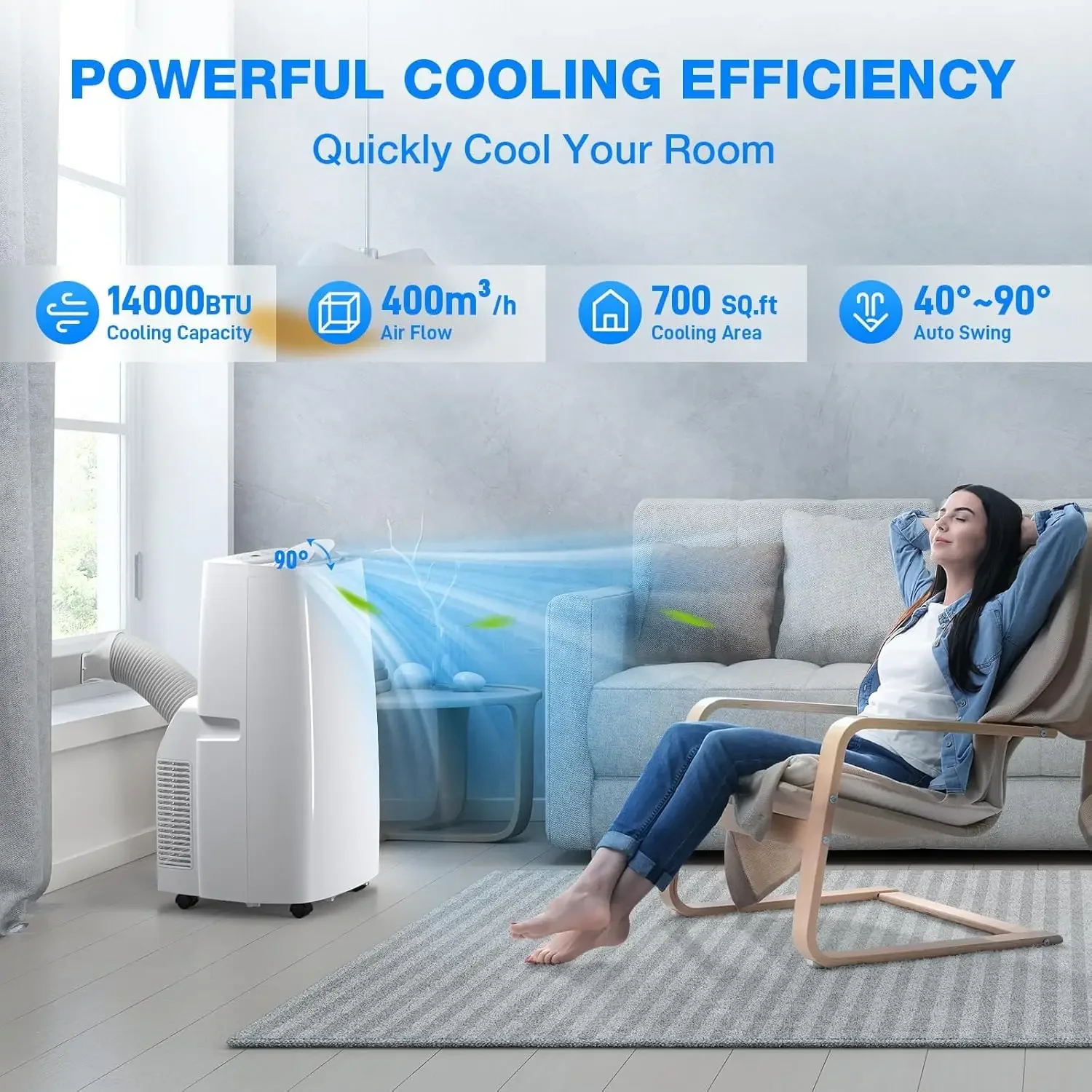 مكيف هواء محمول ممتاز 14000 وحدة حرارية بريطانية، مكيف هواء 4 في 1 محمول للغرفة حتى 700 قدم مربع. مع جهاز التحكم عن بعد، أرجوحة تلقائية