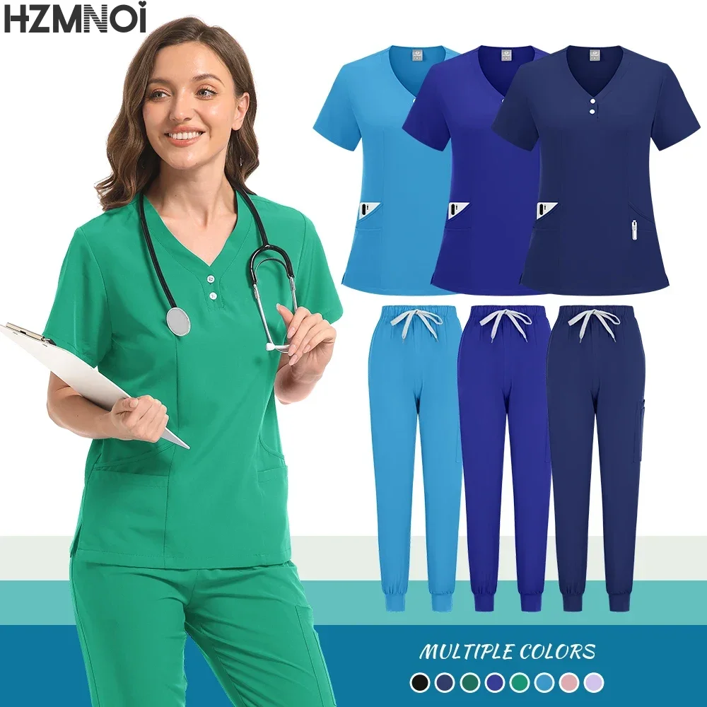 Scrubs Uniform Anzug Kurzarm V-ausschnitt Tops + Jogger Hosen Set Pflege Uniform Frauen Mehrfarbige Pet Doctor Scrub Medizinische Arbeitskleidung