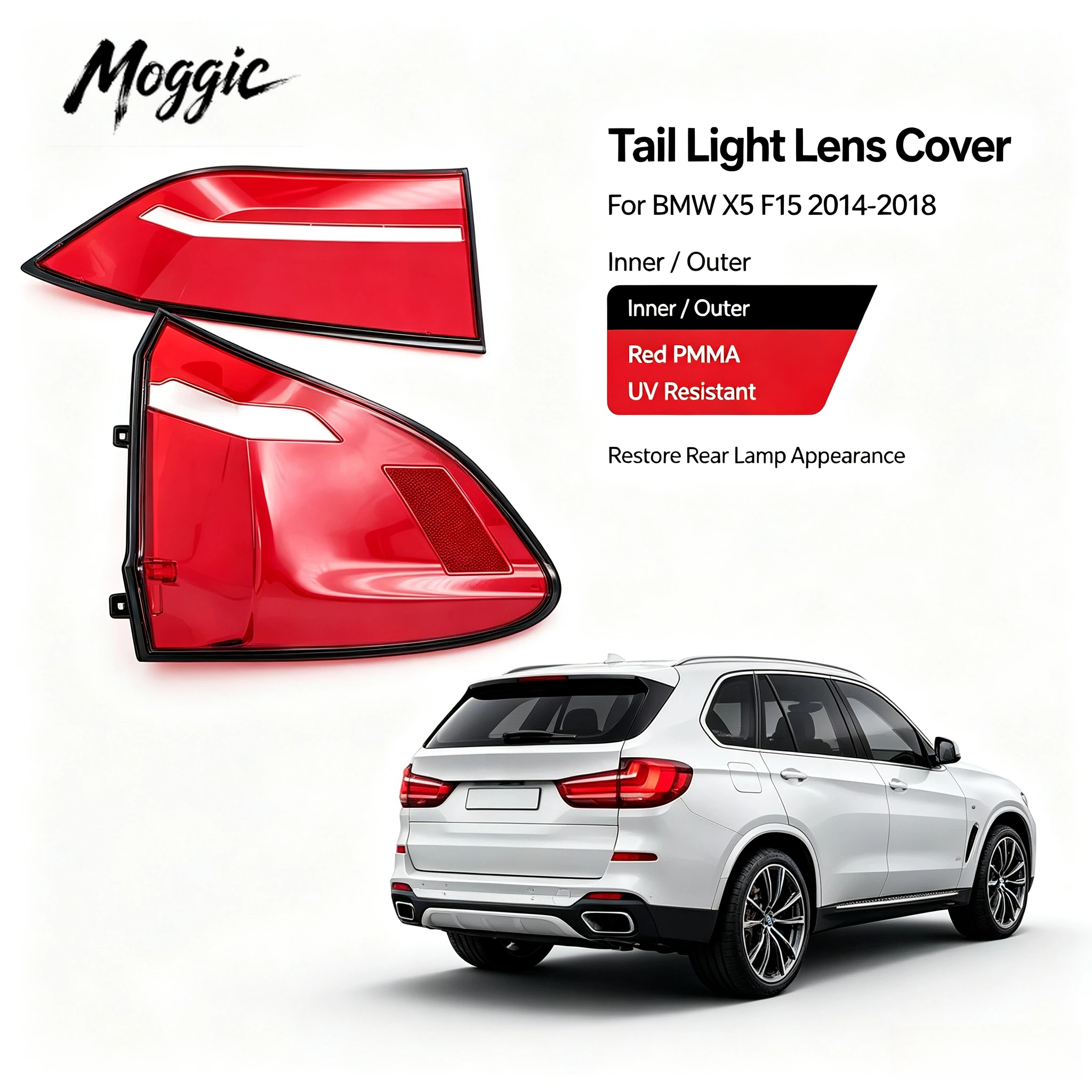 Moggic Rear Taillight Lens Cover Compatible With X5 2014 2015 2016 2017 2018 F15 LCI Model Left Right Side Replacement Tail Lamp