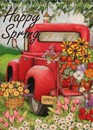 Happy Spring Red Truck Small Garden Flag, Vintage Pickup Yard Outdoor, 12x18 XXQ