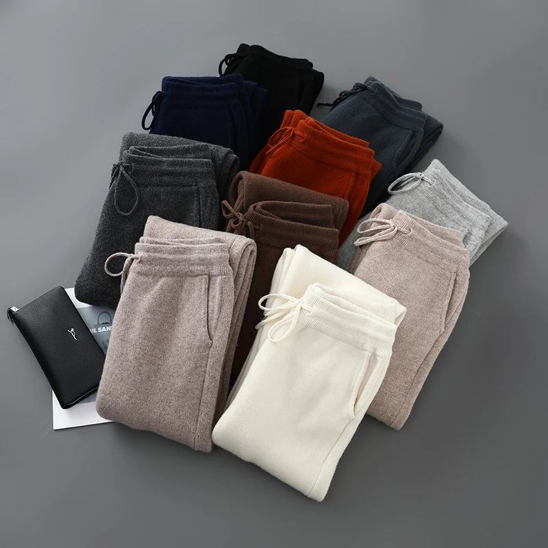 

Мужские брюки-карандаш из плотной шерсти, осень-зима, эластичная талия, 100% мериносовая шерсть, трикотажные нити, повседневные брюки, кашемировые брюки с карманами