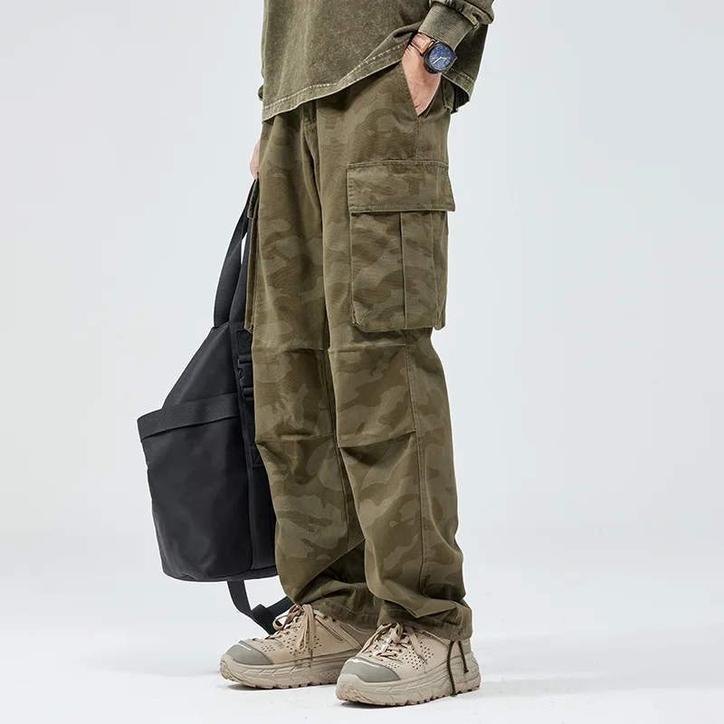 Macacão masculino camuflado, calça casual retrô solta, na moda reta, rua alta, estilo coreano, entrada multi-bolso, nova, 2022