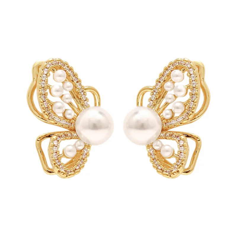 Pendientes dorados de mariposa con personalidad para mujer, aretes brillantes con incrustaciones de perlas de imitación, diamantes de imitación,