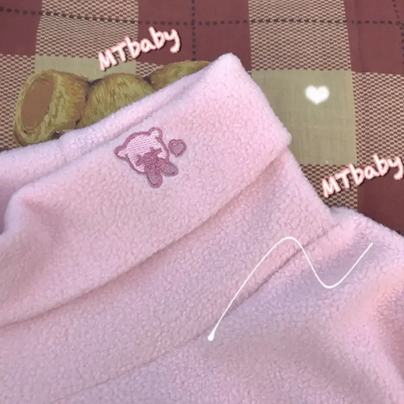 Women Polar Fleece Warm Tops Korean Sweet Cute Cartoon Shirt for Girls Autumn Winter Turtleneck Long-sleeved Inside T-shirts