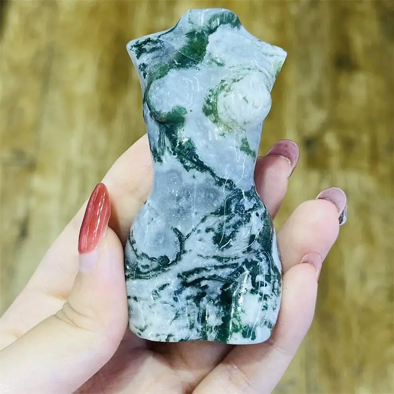 8CM Natural Moss Agate Lady Body Carving Healing Crystal Quartz Decoration Spiritual Collection Gift 1PCS