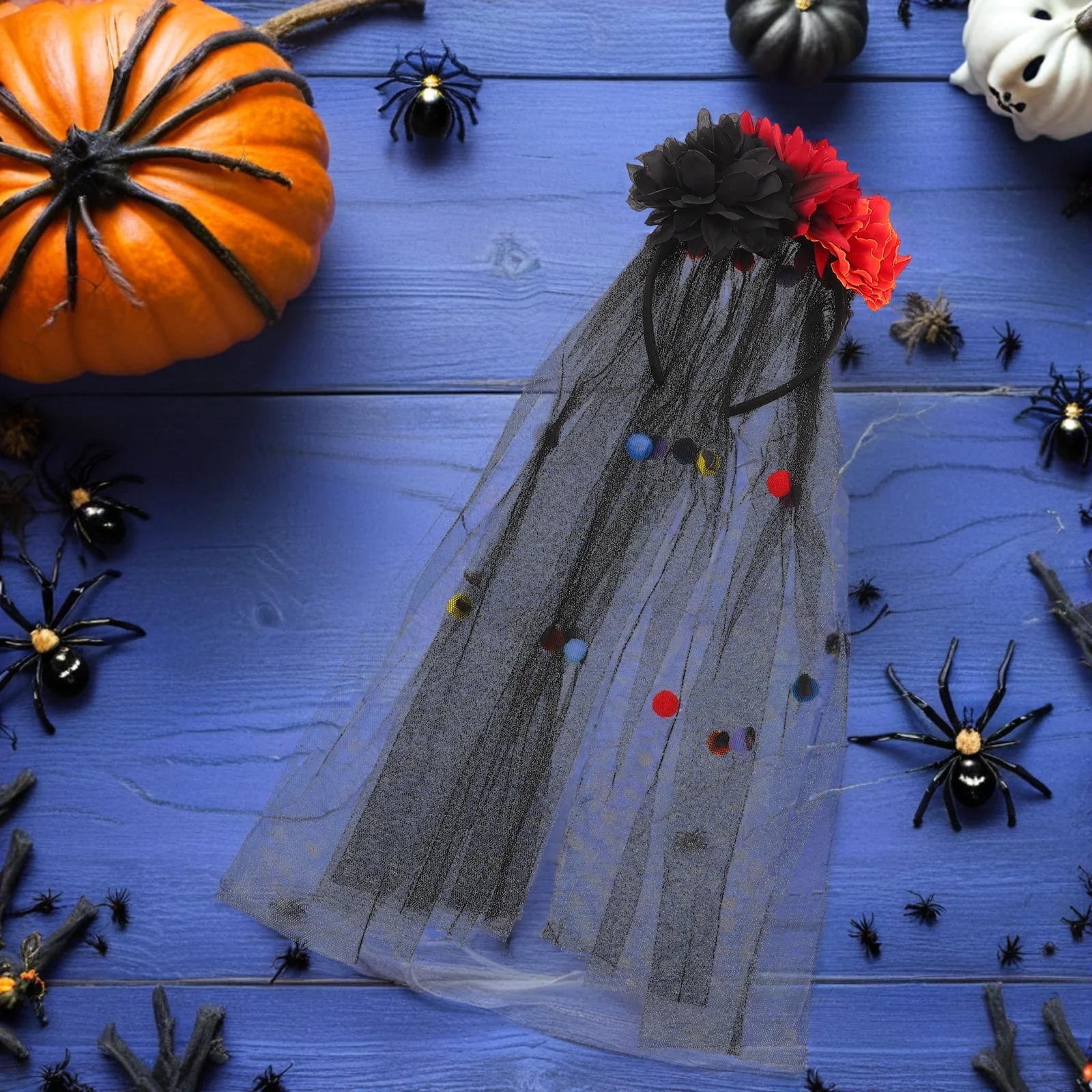 

Bride Headband Veil Halloween Mesh Floral Hair Accessories for Day of The Dead Cosplay Party Cosplay Veil Headband