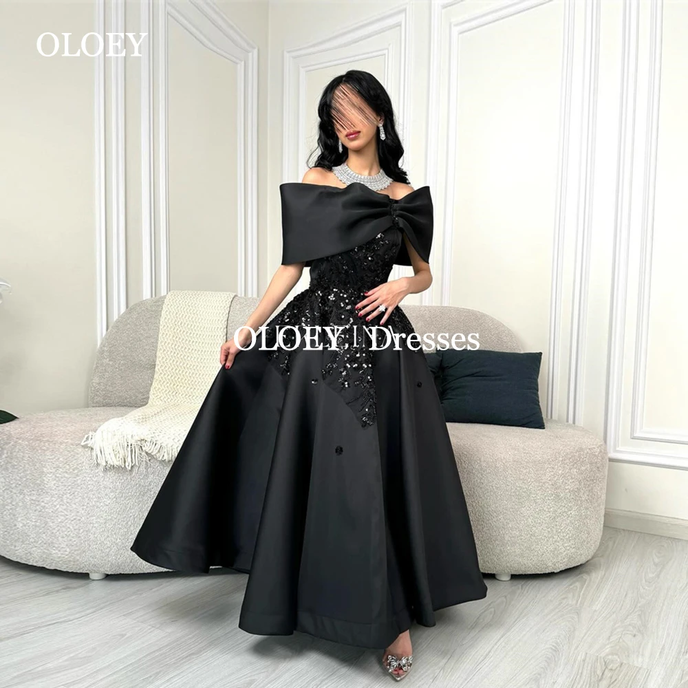 OLOEY Modest Black Beads Arabic Evening Dresses Off Shoulder A Line Wedding Party Gowns Customized Satin Family Occation Gowns