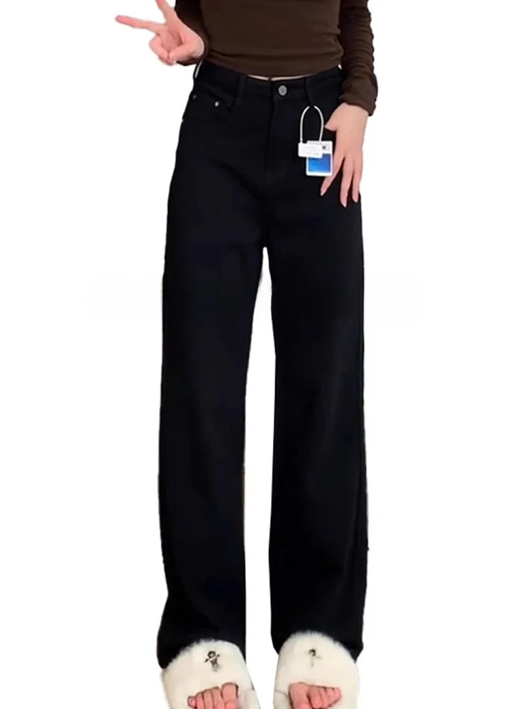 بنطلون جينز أسود واسع الساق للنساء بخصر عالٍ وقصة مستقيمة مناسب للجسم على شكل كمثرى ومقاسات كبيرة وللأقلين طولًا، بنطلون ديني... #3