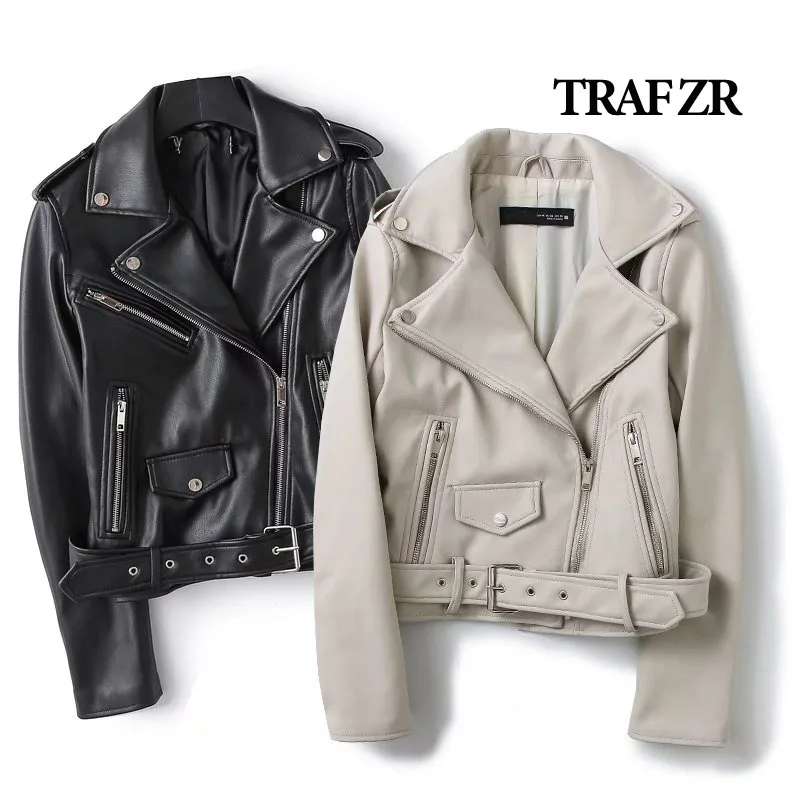 

TRAF ZR Woman Faux Fur Coat Zipper Leather Jackets Perfecto Leather New in Outerwears Aviator Woman Y2K High Street Fursuit