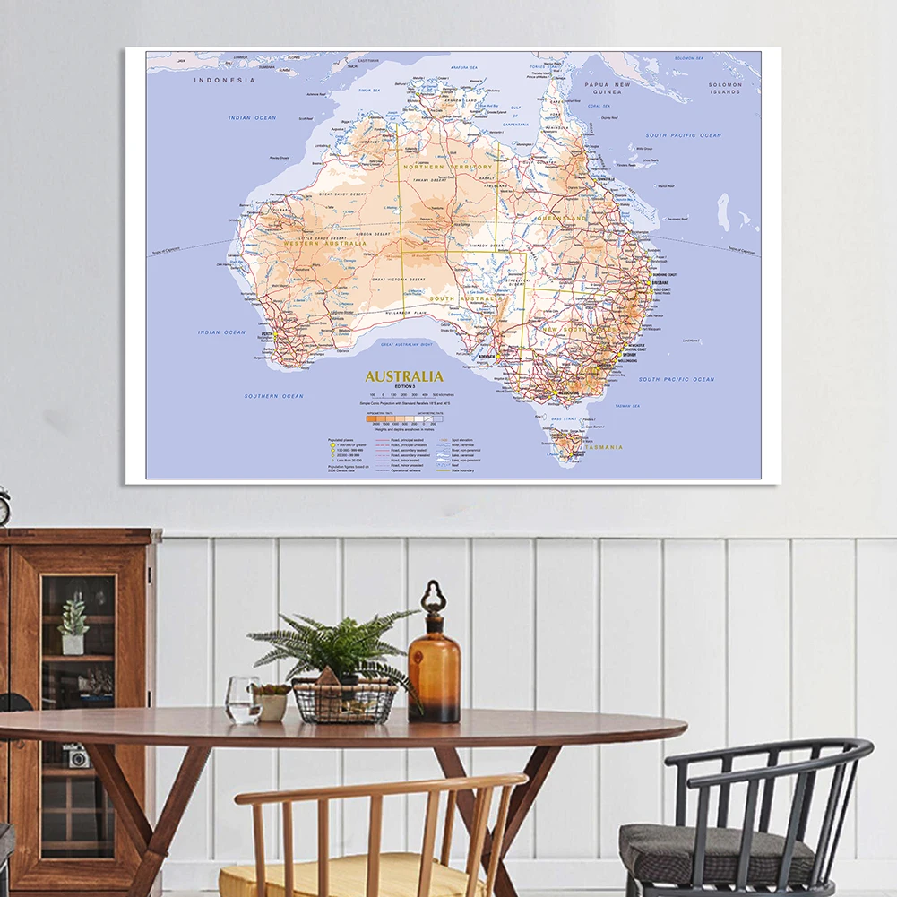 De Australische Geografie En Verkeersroutekaart 225*150Cm Grote Poster Niet-Geweven Canvas Schilderij Schoolbenodigdheden Woondecoratie