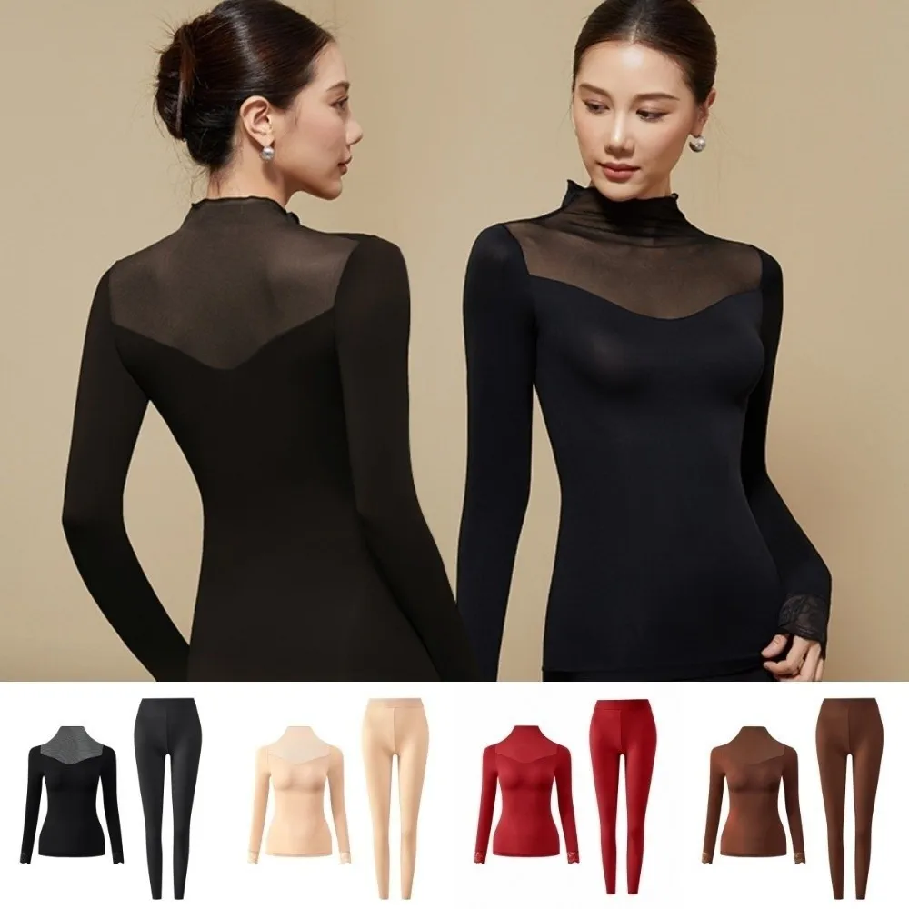 Tops and Pants Women Thermal Clothes Ultra-thin Invisible High Neck Thermal Underwear Lingerie Feel Heating Warmth Long Pants