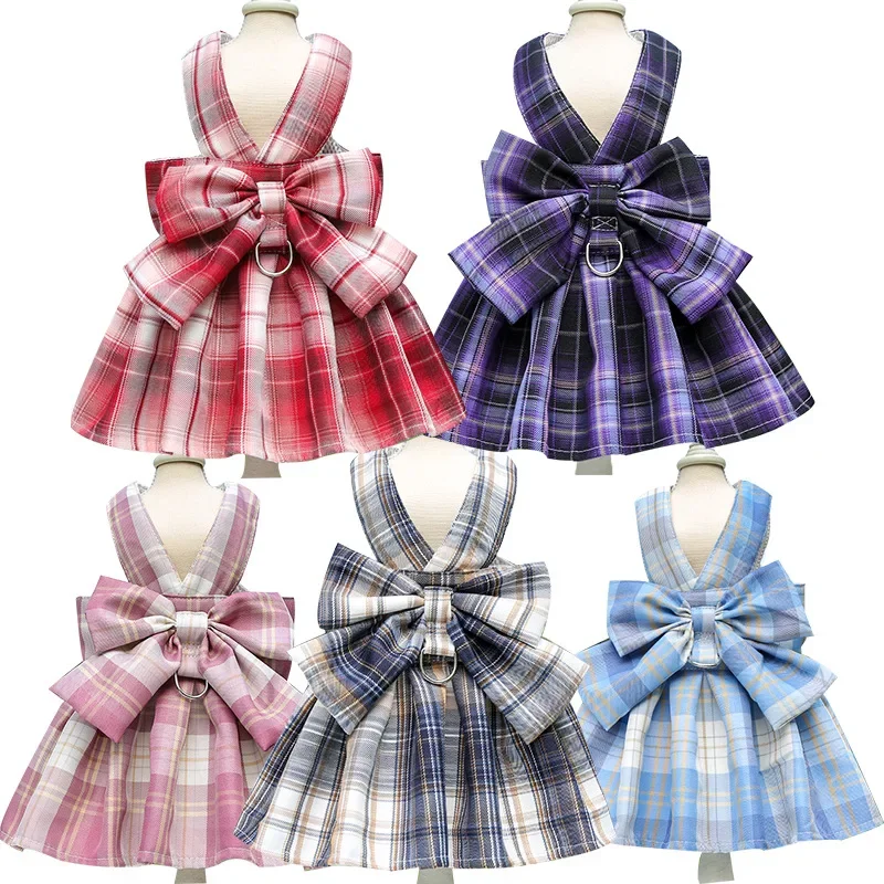 

Plaid Dog Dress Bow Tie Harness Leash Set for Small Dogs Cats Girl Cute Princess Dog Dress Puppy Bunny Rabbit Clothes Pet Outfit