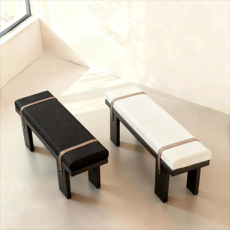 *Minimalist Art Long Shoe Bench Upholstered Fabric Cushioned Top + Decorative Leather Belt Bindings Sturdy Solid Wood Frame