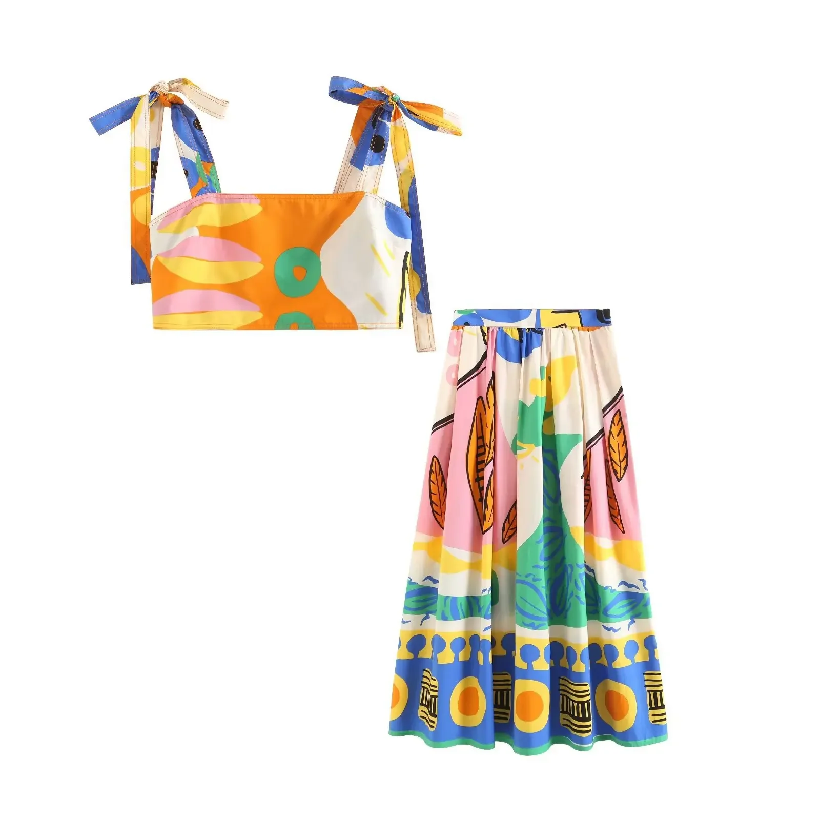 

Women's Printed Spaghetti Strap Crop Top Long Pleated Skirt 2-Piece Set