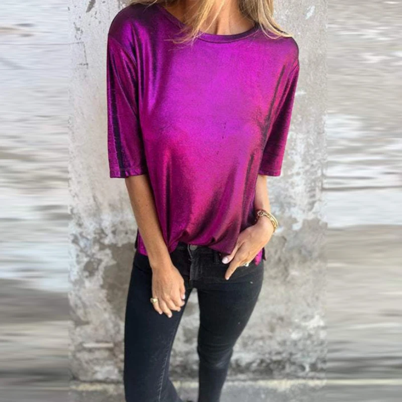 Spring And Summer Women\'s Short Sleeved Satin Shirt Loose Casual Round Neck T Shirt Simple Versatile Commuter T Shirt Tops