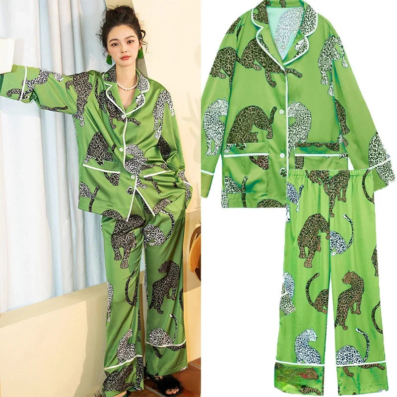 

Green Pajamas Satin Sleepwear Women's Jungle Leopard Shirt&pants Casual Homewear Nightwear Female Fashion Outwear Loungewear