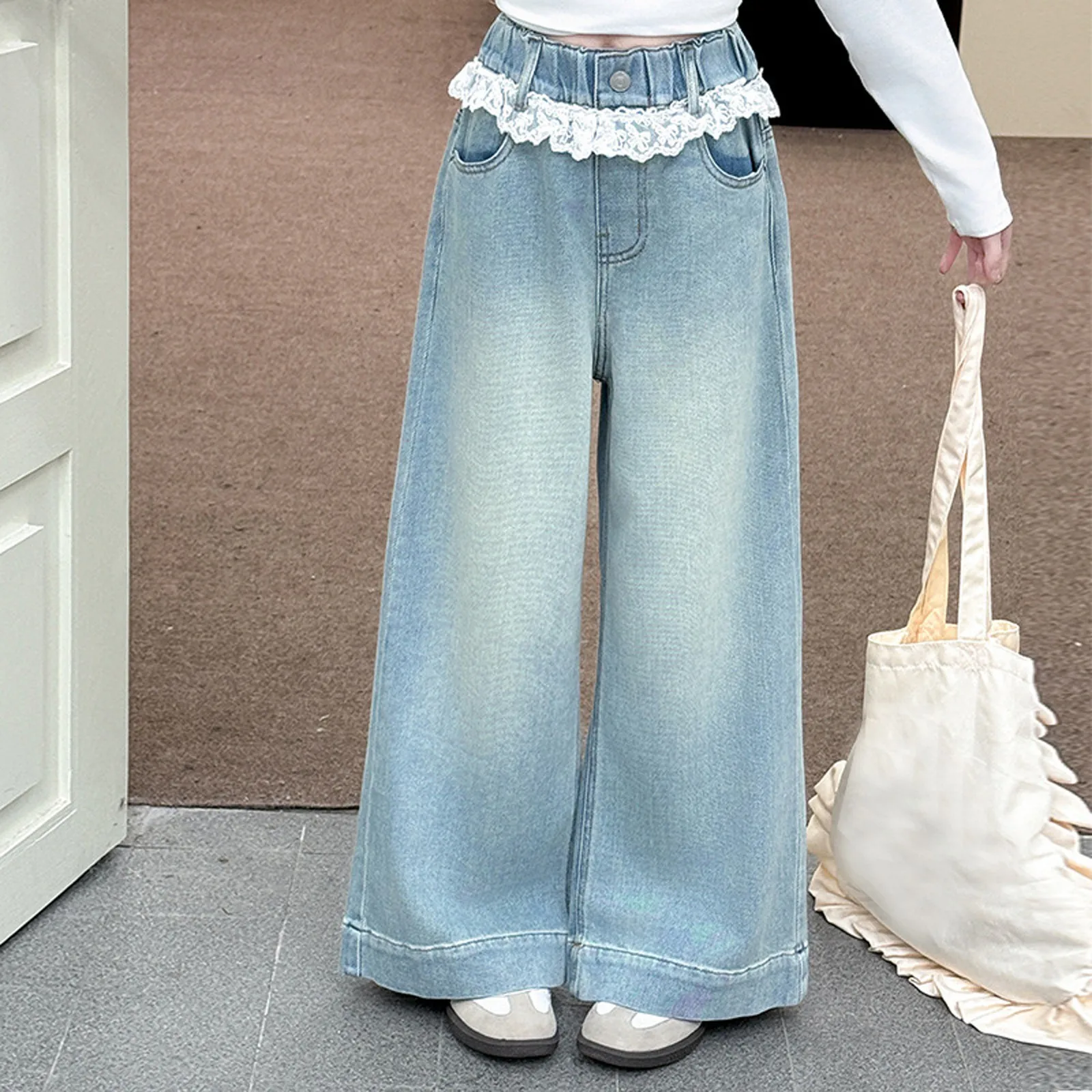

Summer casual girls jeans elastic hjigh wasit wide leg baggy denim pants straight denim trousers,Kids Clothes 4-14 Years