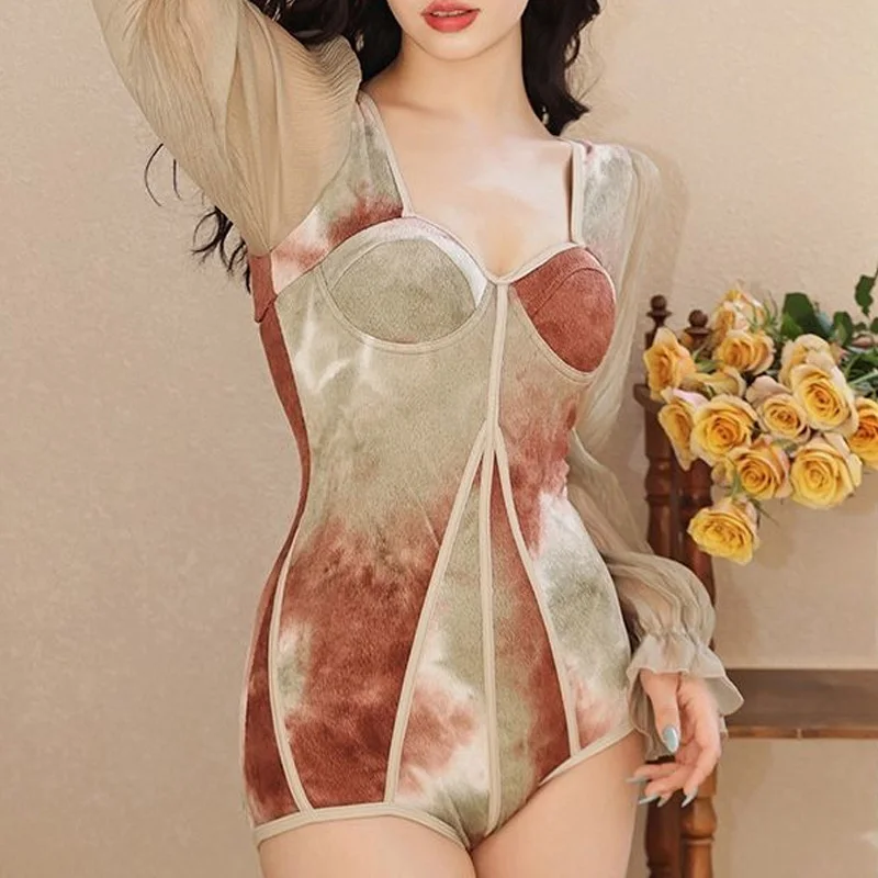 2023 New Summer Fashion Tie Dye High Waist Slim Fit Hot Spring Resort Beach Style Long Sleeve Sunscreen One Piece Bikini Set