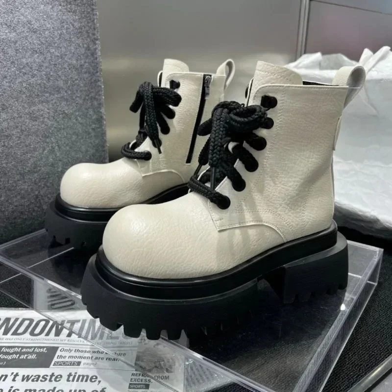 2024 High Quality Shoes Female Side Zip Women\'s Boots Autumn Round Toe Solid Short Barrel Platform Chunky Heels Fashion Boots