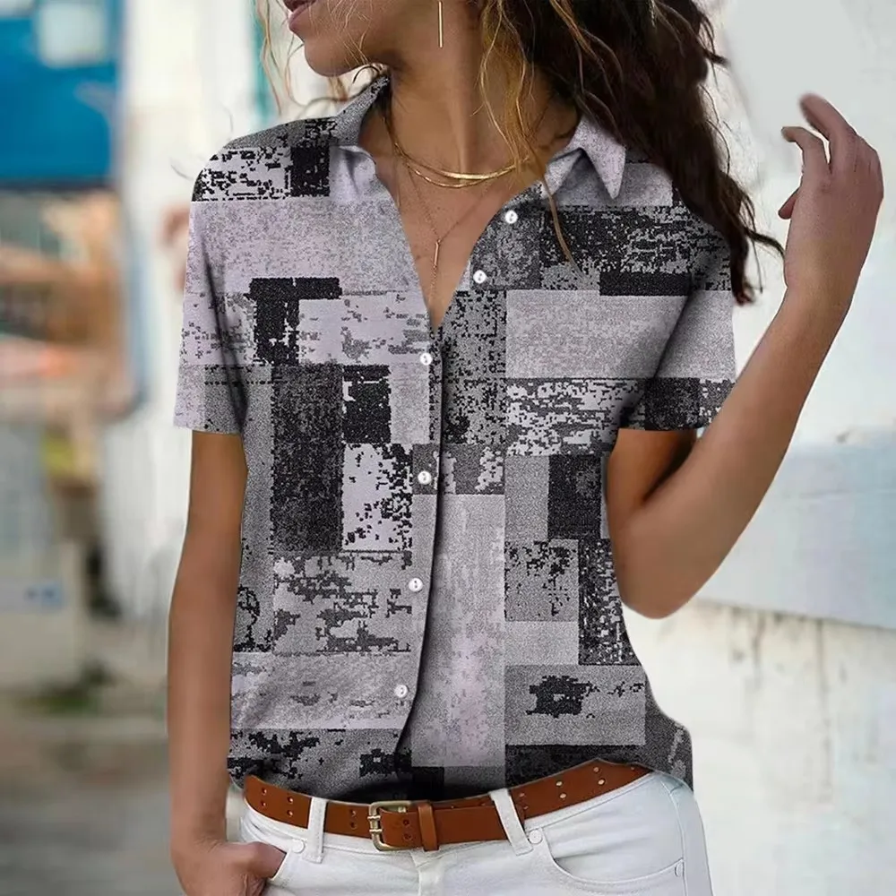 Casual Women\'s Shirt Blouse Vintage Geometric Block Print Button Short Sleeve Shirt Fashion Shirt Collar 2024 Spring Summer Tops