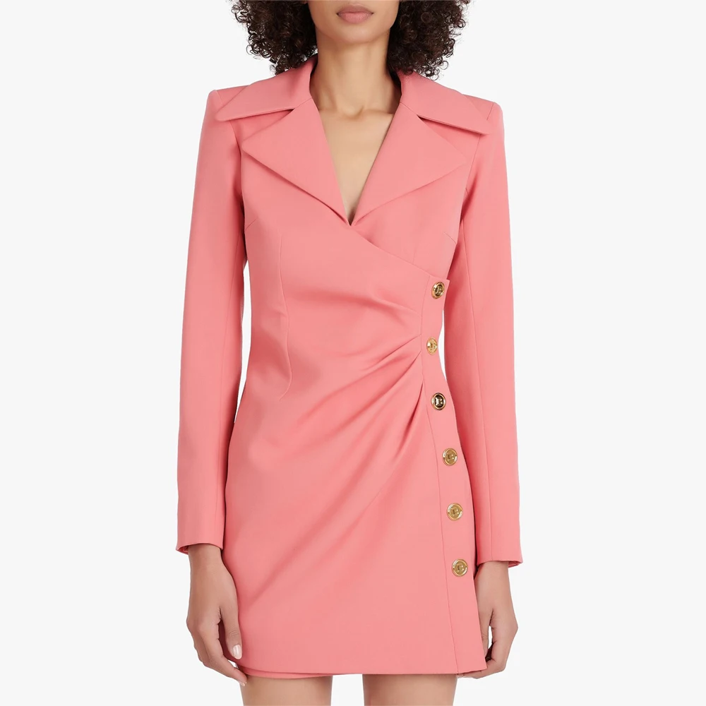 

S-3XL High Quality 2022 New Fashion Solid Color Lapel Long Sleeve Pleated Slim Button Back Zipper Casual Commuter Woman Dress