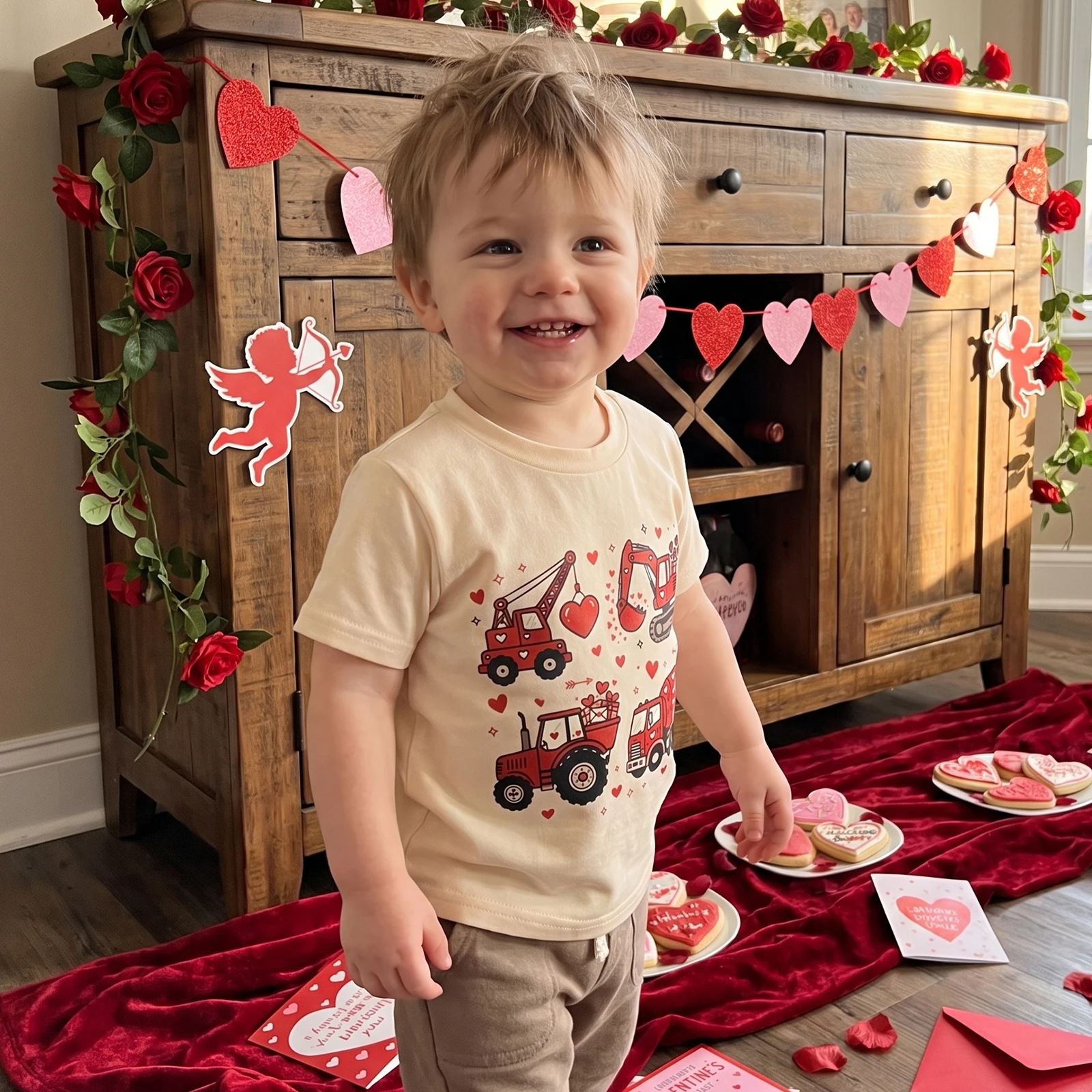 Toddler Boys Valentines T Shirt Short Sleeve Engineering Vehicle Print Tops