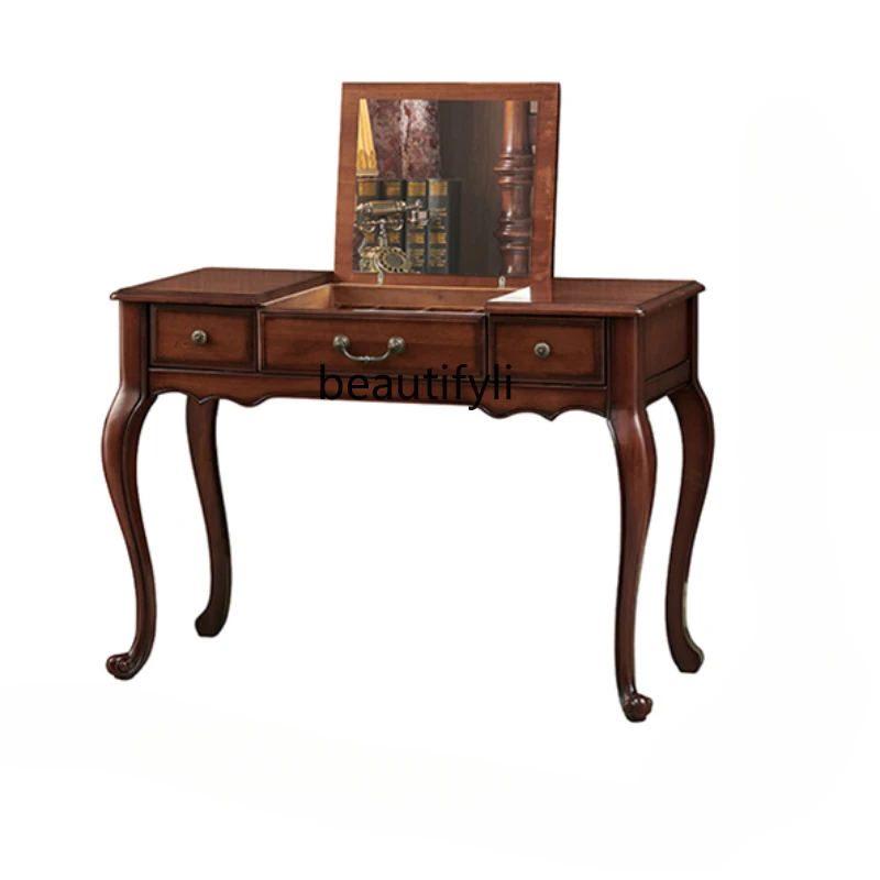 

American-Style Solid Wood Flip Dressing Table Simple Retro Mahogany Makeup Table with Dressing Stool