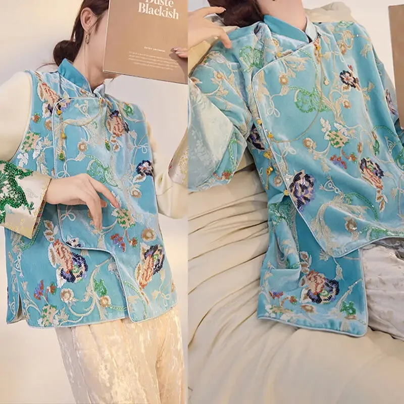

2026 New Chinese Style Tang Suit Flower Embroidery Sequins Costume Vintage Women Blue Tops Mandarin Collar Vest Autumn Clothes