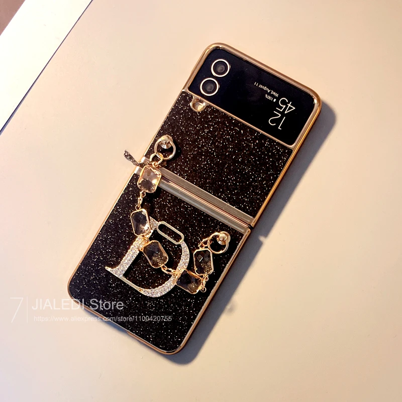 Fashion Bracelet Diamond letter D Glitter Phone case For Samsung Galaxy Z Flip 6 5 4 3 Chain Cover