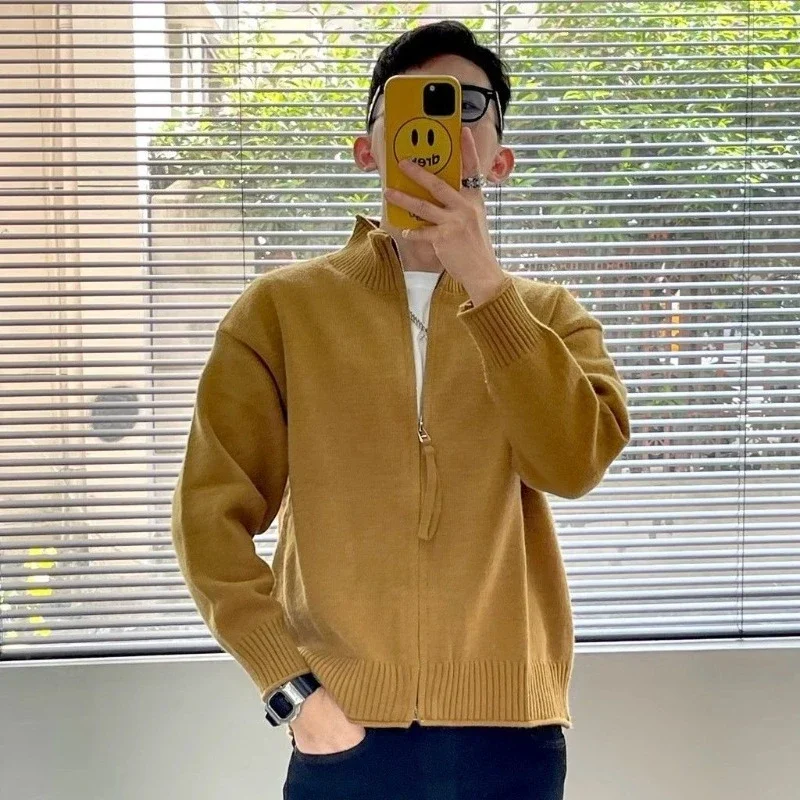 

​Premium Men's Youth Zipper Mandarin Collar Solid Color Vintage Cardigan Autumn Winter Warm Simple Loose Knit Sweater Coat​