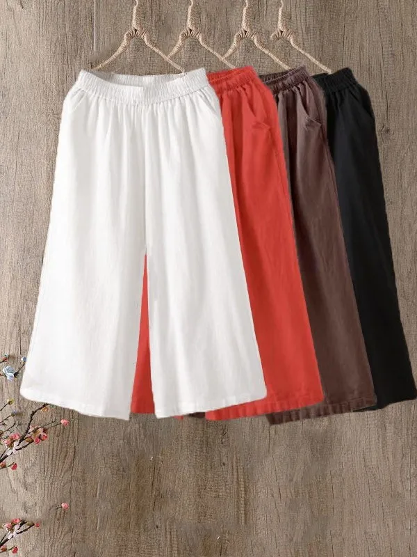 Coton lin taille élastique ample mince grande taille pantalons décontractés taille haute minceur sept-quarts longueur femmes Faion